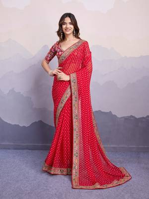 mesmerizing red colored digital printed with embroidery work georgette saree for parties and traditional occasions 1
