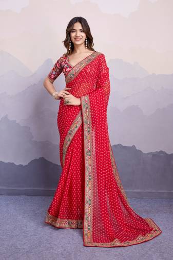 mesmerizing red colored digital printed with embroidery work georgette saree for parties and traditional occasions