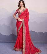 mesmerizing red colored digital printed with embroidery work georgette saree for parties and traditional occasions