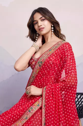 mesmerizing red colored digital printed with embroidery work georgette saree for parties and traditional occasions
