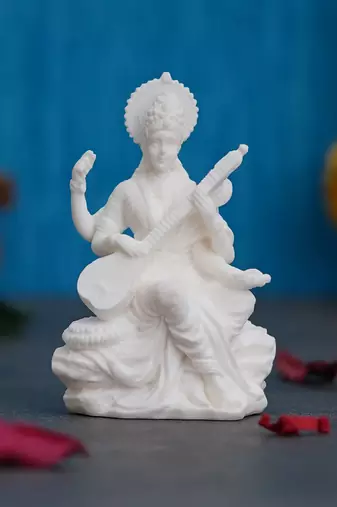 One white polyresin goddess saraswati statue