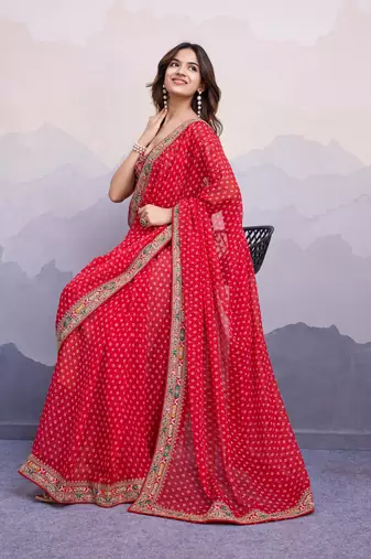 mesmerizing red colored digital printed with embroidery work georgette saree for parties and traditional occasions