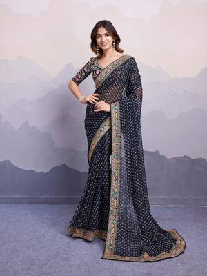 catching black colored digital printed with embroidery work georgette indian bollywood saree for wedding and parties 1