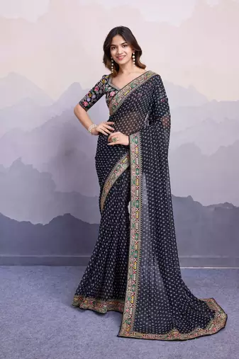 catching black colored digital printed with embroidery work georgette indian bollywood saree for wedding and parties
