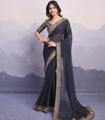 catching black colored digital printed with embroidery work georgette indian bollywood saree for wedding and parties