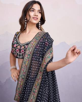 catching black colored digital printed with embroidery work georgette indian bollywood saree for wedding and parties 2
