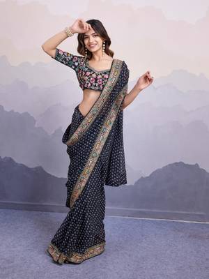 catching black colored digital printed with embroidery work georgette indian bollywood saree for wedding and parties 4