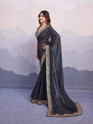 catching black colored digital printed with embroidery work georgette indian bollywood saree for wedding and parties 5