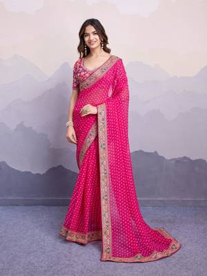 delightful pink colored digital printed with embroidery work georgette latest designer sarees online for women 1