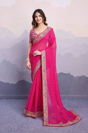 delightful pink colored digital printed with embroidery work georgette latest designer sarees online for women