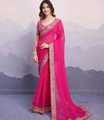 delightful pink colored digital printed with embroidery work georgette latest designer sarees online for women