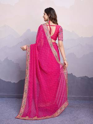 delightful pink colored digital printed with embroidery work georgette latest designer sarees online for women 5