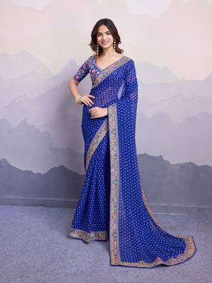 Glamourous blue colored digital printed with embroidered georgette traditional wedding occasions designer saree 1