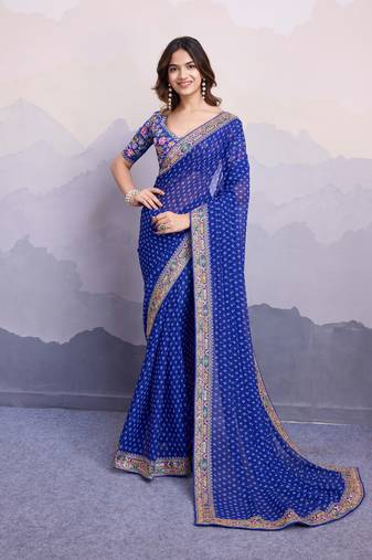 Glamourous blue colored digital printed with embroidered georgette traditional wedding occasions designer saree