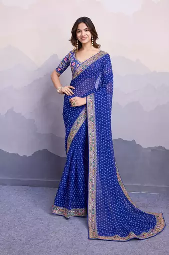 Glamourous blue colored digital printed with embroidered georgette traditional wedding occasions designer saree