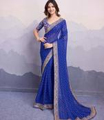Glamourous blue colored digital printed with embroidered georgette traditional wedding occasions designer saree