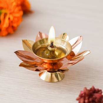 One copper and golden lotus flower shape decorative brass diya 1