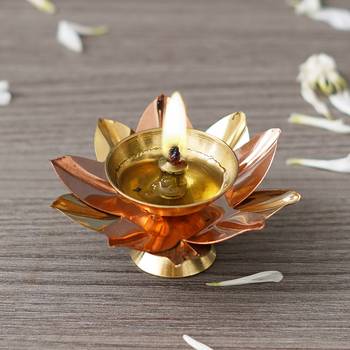One copper and golden lotus flower shape decorative brass diya 2