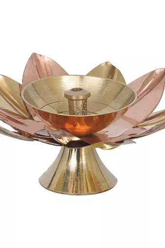 One copper and golden lotus flower shape decorative brass diya