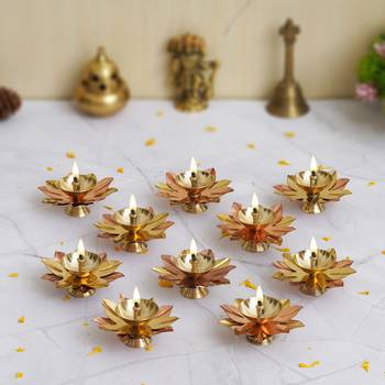 One set of 10 copper and golden lotus flower shape decorative brass diyas 1
