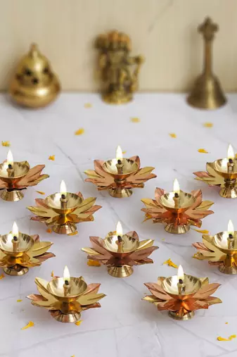 One set of 10 copper and golden lotus flower shape decorative brass diyas
