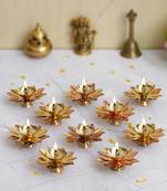 One set of 10 copper and golden lotus flower shape decorative brass diyas