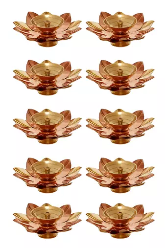 One set of 10 copper and golden lotus flower shape decorative brass diyas