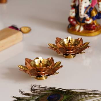 One set of 10 copper and golden lotus flower shape decorative brass diyas 3