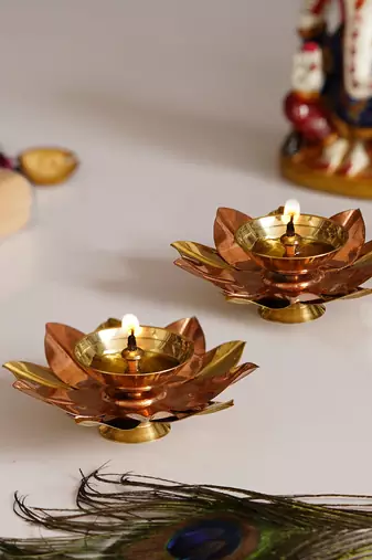One set of 10 copper and golden lotus flower shape decorative brass diyas