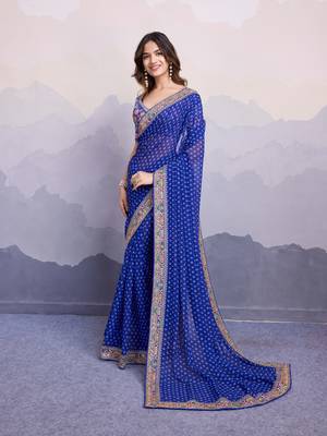 Glamourous blue colored digital printed with embroidered georgette traditional wedding occasions designer saree 4