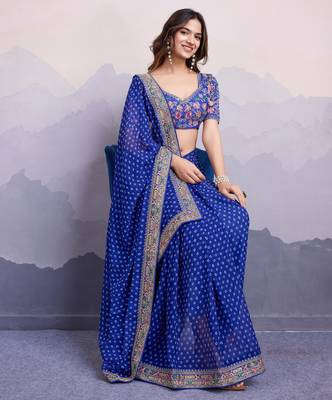 Glamourous blue colored digital printed with embroidered georgette traditional wedding occasions designer saree 5