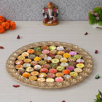 One golden metal handcrafted floral designer 56 bhog thali for pooja 1