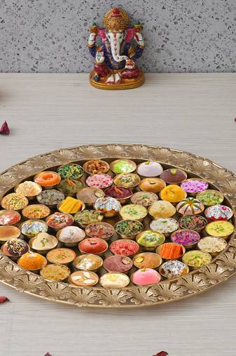 One golden metal handcrafted floral designer 56 bhog thali for pooja