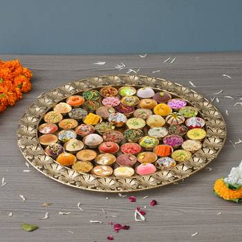 One golden metal handcrafted floral designer 56 bhog thali for pooja 2