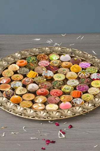 One golden metal handcrafted floral designer 56 bhog thali for pooja