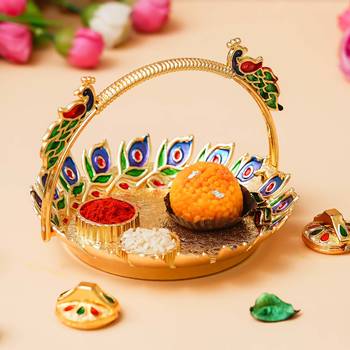 One peacock decorative pooja thali for diwali, navratri, karwa chauth 1