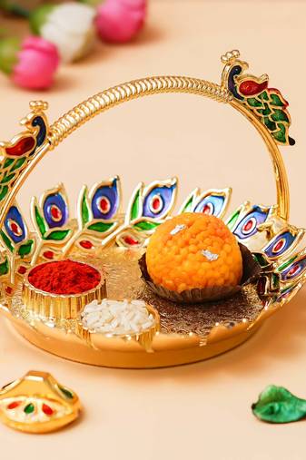 One peacock decorative pooja thali for diwali, navratri, karwa chauth