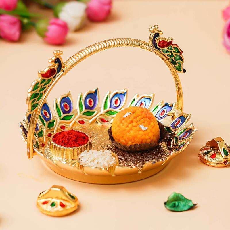 One peacock decorative pooja thali for diwali, navratri, karwa chauth