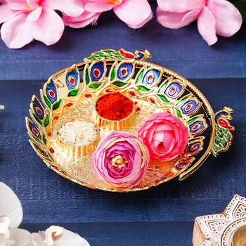 One peacock decorative pooja thali for diwali, navratri, karwa chauth 2