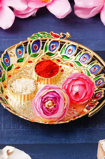 One peacock decorative pooja thali for diwali, navratri, karwa chauth