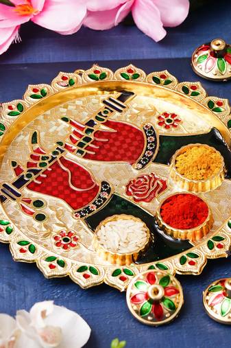 One krishna with flute decorative pooja thali for diwali, navratri
