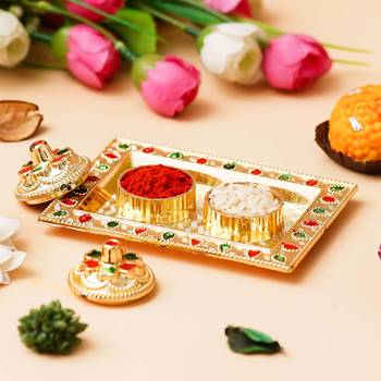 One golden decorative roli chawal holder, akshata haldi kumkum holder 1