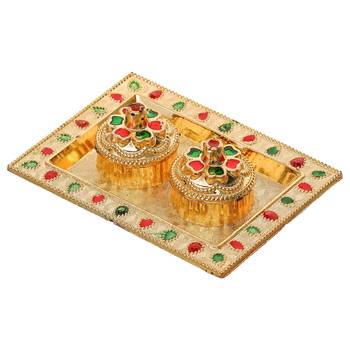 One golden decorative roli chawal holder, akshata haldi kumkum holder 3