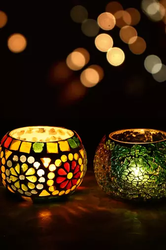 One set of 2 mosaic glass decorative tea light holder/diya