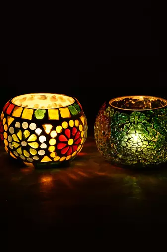 One set of 2 mosaic glass decorative tea light holder/diya