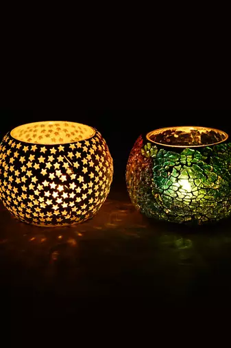 One set of 2 mosaic glass decorative tea light holder/diya