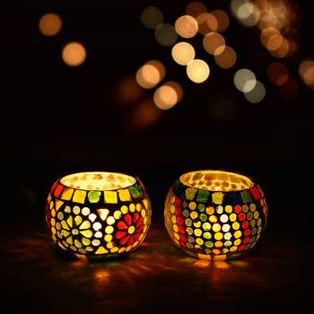 One set of 2 mosaic glass decorative tea light holder/diya 1
