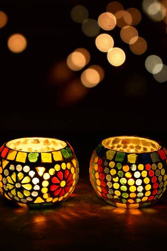 One set of 2 mosaic glass decorative tea light holder/diya