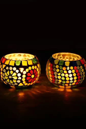 One set of 2 mosaic glass decorative tea light holder/diya