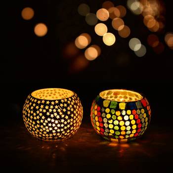 One set of 2 mosaic glass decorative tea light holder/diya 1